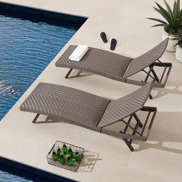 Outdoor 2-Pieces Aluminum Reclining Chaise Lounge Chairs Patio Wicker Adjustable Sun lounger Set with Wheels and Padded with Quick Dry Foam for Poolside Yard Lawn Deck