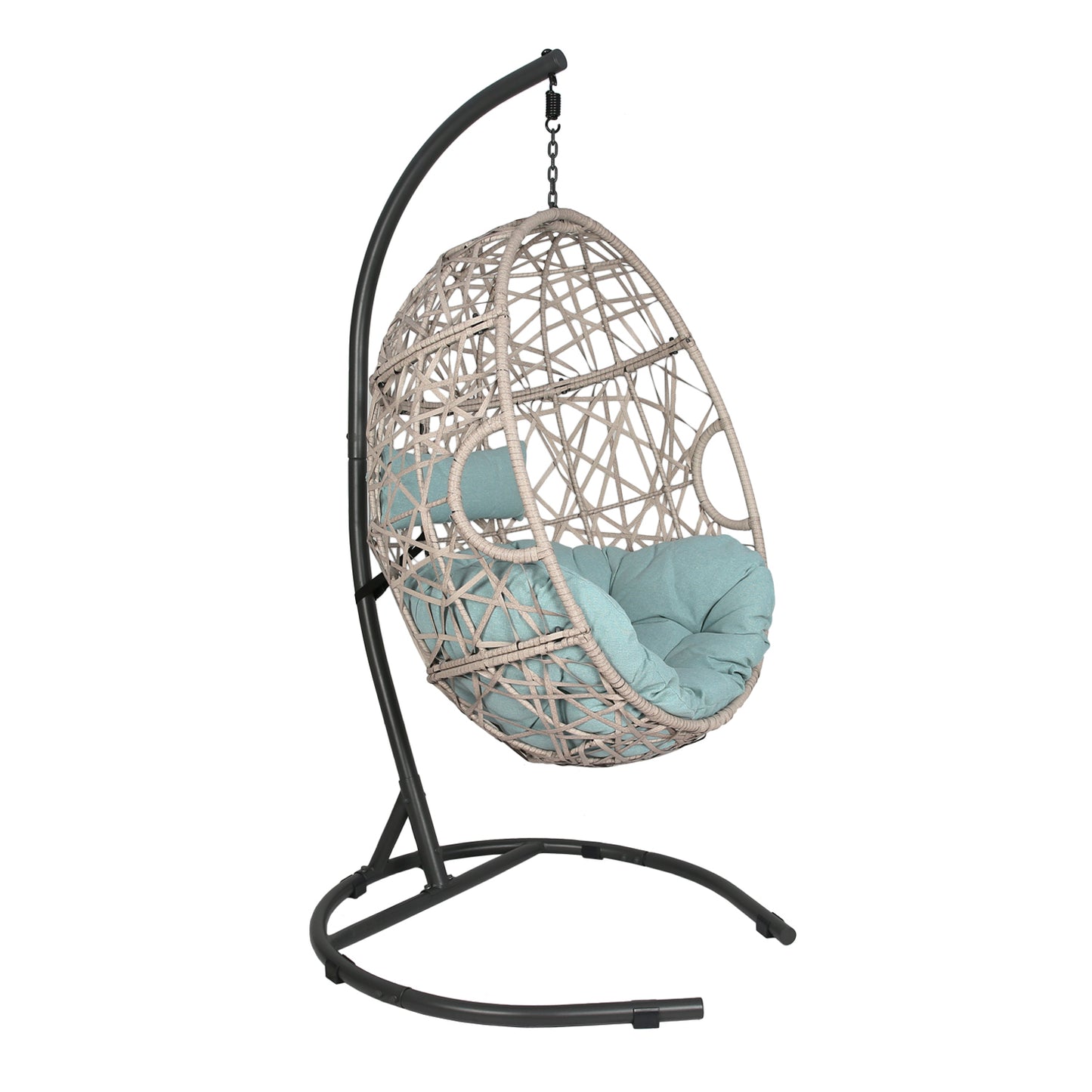 Outdoor Patio Wicker Hanging Basket Swing Chair Tear Drop Egg Chair with Cushion and Stand (Blue)