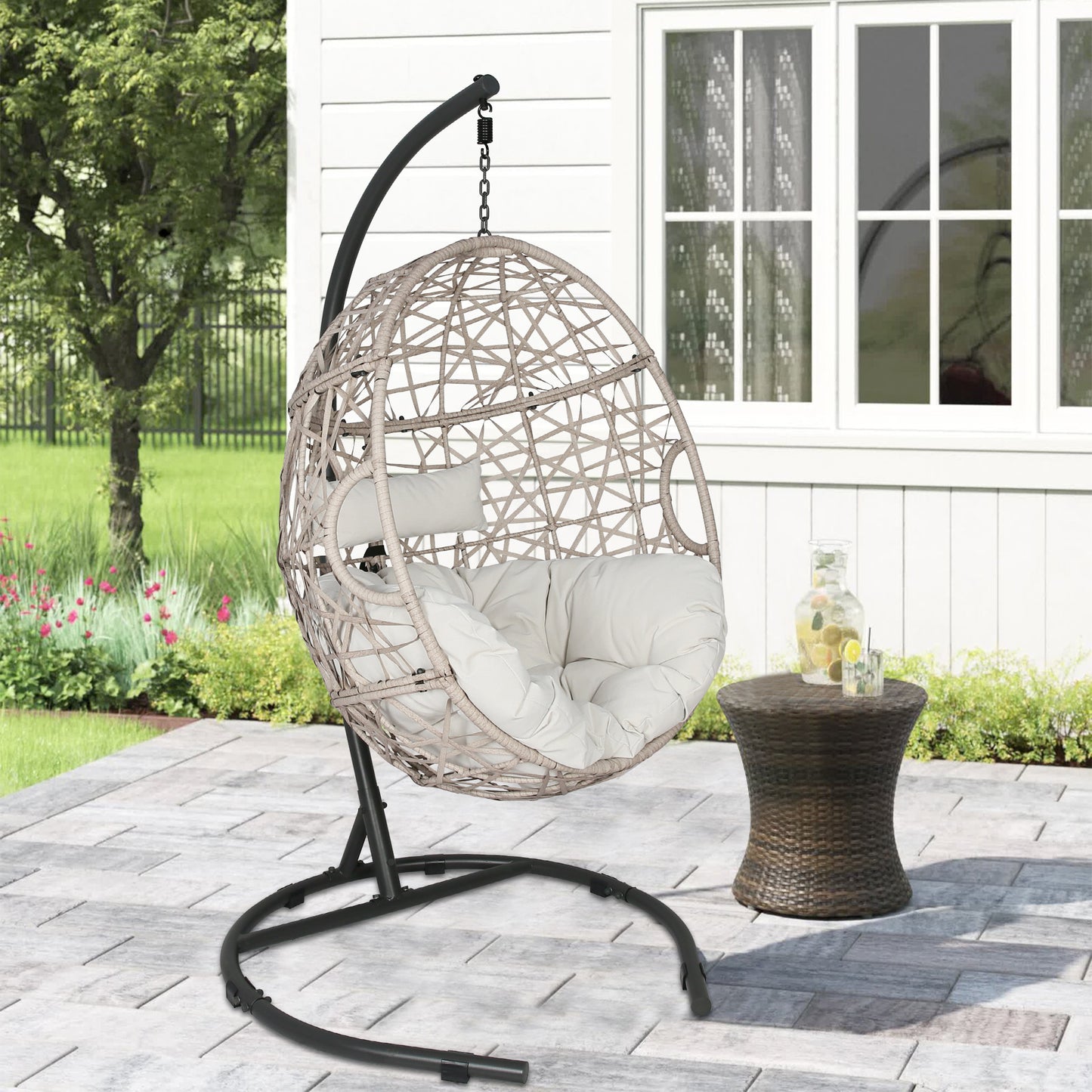 Outdoor Patio Wicker Hanging Basket Swing Chair Tear Drop Egg Chair with Cushion and Stand