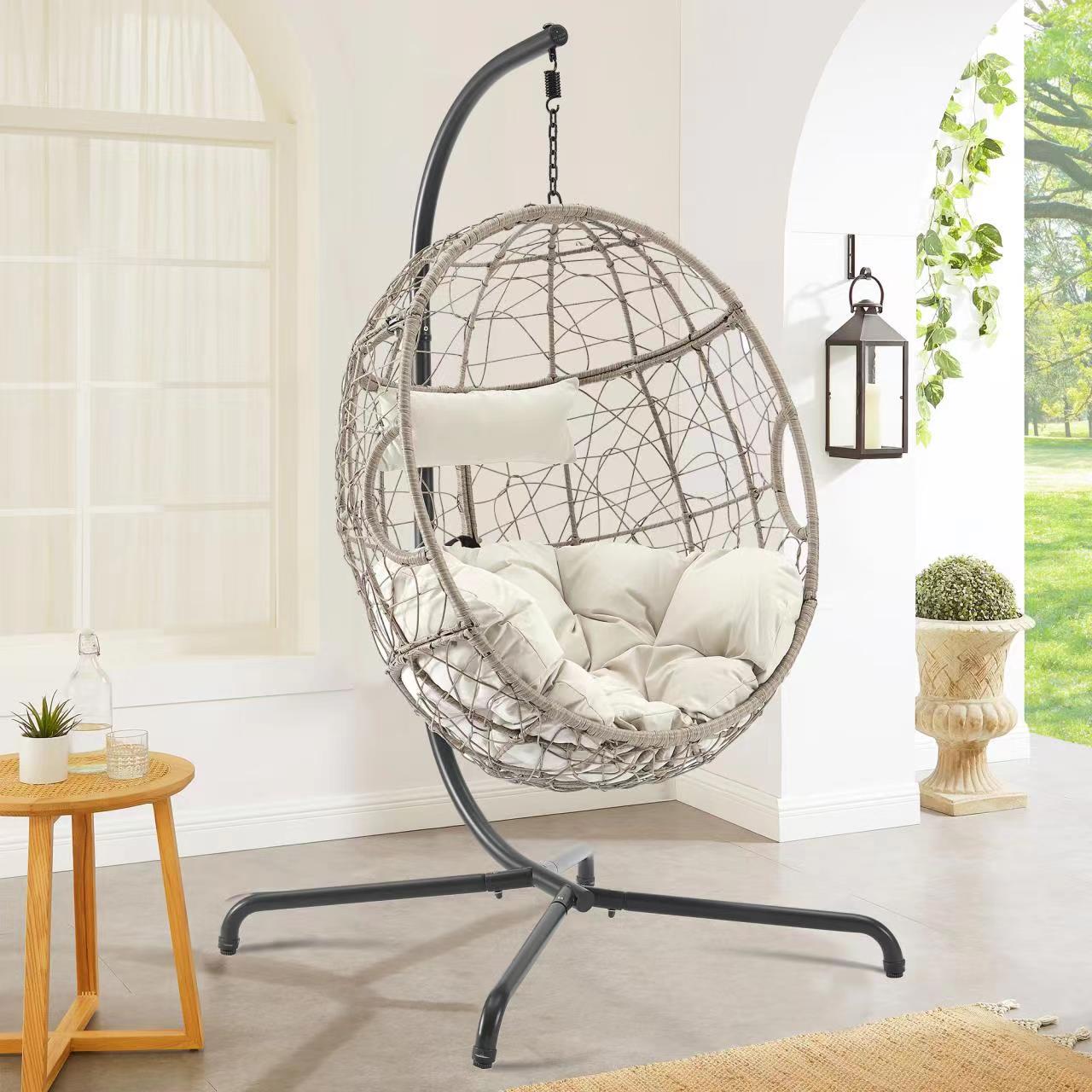 Outdoor Patio Wicker Hanging Basket Swing Chair Tear Drop Egg Chair with Cushion and Stand