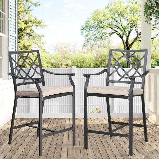 Patio Metal Steel Bar Stools Outdoor Set of 2 Bar Height Bistro Chairs with Beige Seat Cushions