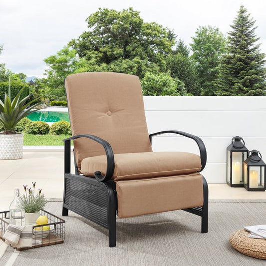 Patio Recliner Chair Automatic Adjustable Back Outdoor Lounge Recliner Chair with 100% Olefin Cushion (Beige)