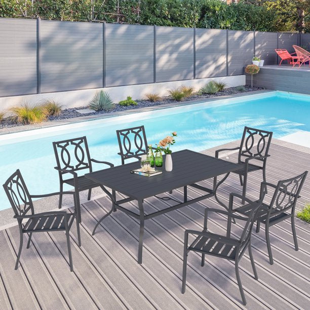 Patio 7-Piece Heavy-Duty Dining Sets, 6 Steel Chairs and one Large Rectangle Table with 1.57" Umbrella Hole