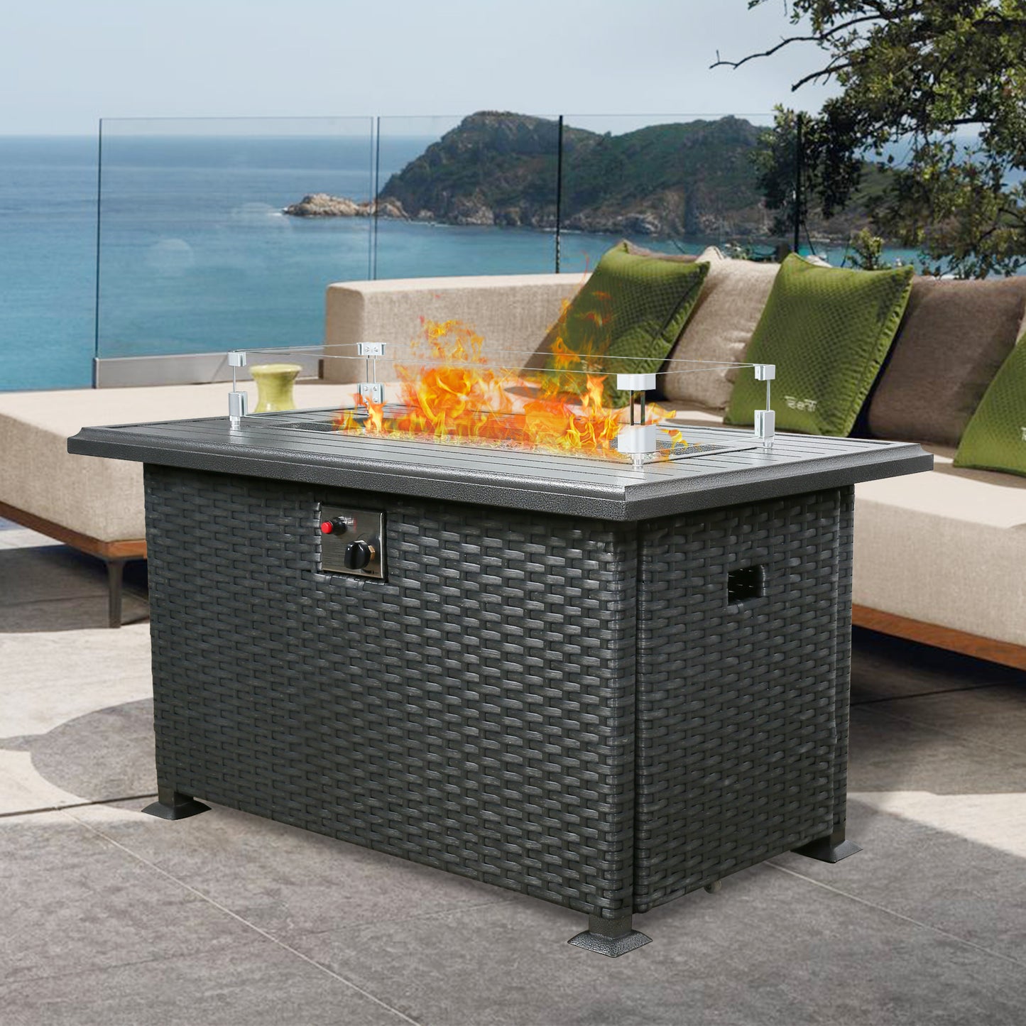 Outdoor Aluminum Fire Pit Table, 44 inch 50,000 BTU Auto-Ignition Propane Gas Fire Pit with Glass Wind Guard, Clear Glass Rock and Cover