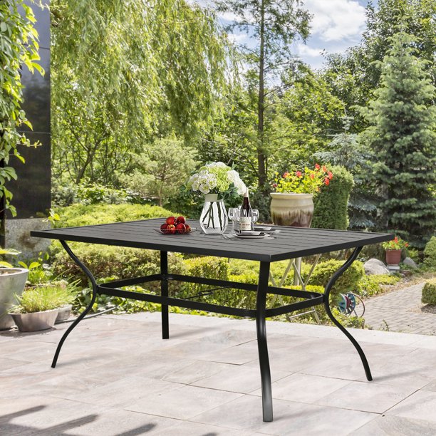 Outdoor Patio Rectangular Slatted Dining Table with Umbrella Hole, Classic Black