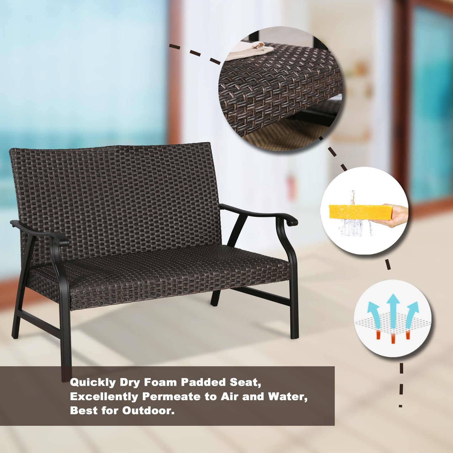 Patio Wicker Padded Loveseat Chair Indoor Outdoor Metal Bench Sofa with Quick Dry Foam