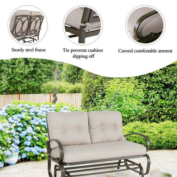Patio Glider Bench Loveseat Outdoor Cushioed 2 Person Rocking Seating Patio Swing Chair, Beige