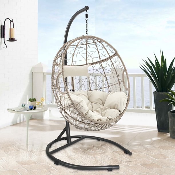 Outdoor Patio Wicker Hanging Basket Swing Chair Tear Drop Egg Chair with Cushion and Stand (Beige)