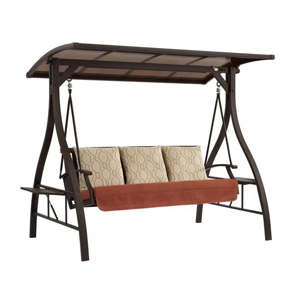 3 Person Outdoor Porch Swing Patio Hammock Swing Glider Bench with Convertible Canopy, Solar Light and Sunbrella Pillows