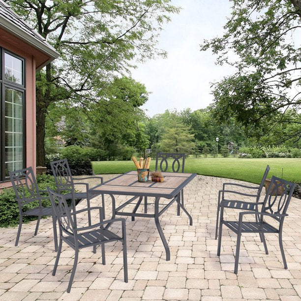 7 Pieces Patio Dining Sets, 6 Steel Chairs and Rectangular Wooden Like Top Garden Table with Umbrella Hole