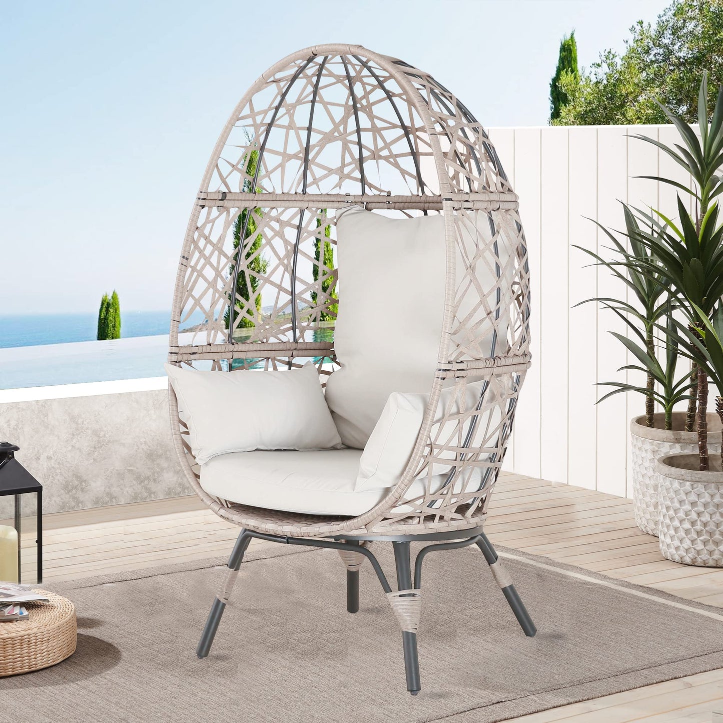 Outdoor Teardrop Wicker Lounge Chair Indoor Patio Rattan Egg Chair with Cushion and Pillow
