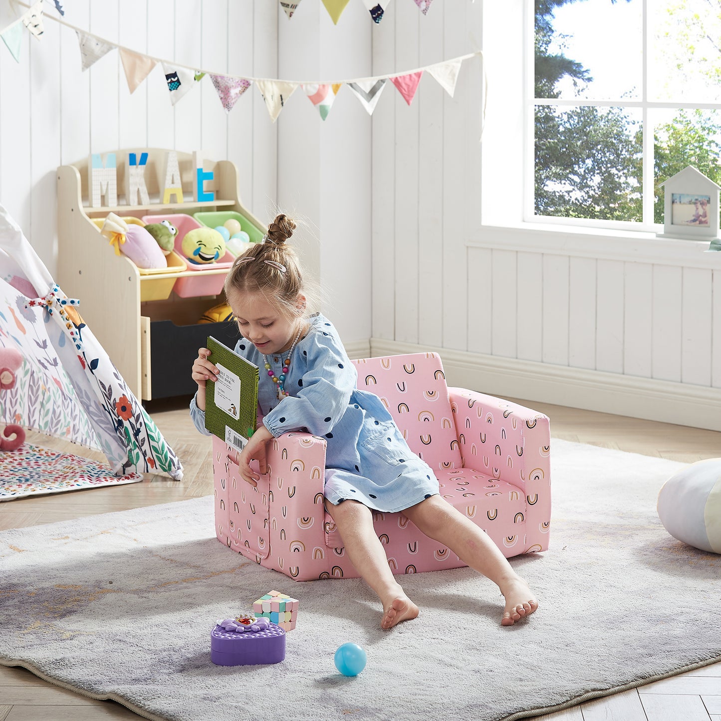 Convertible Sofa 2-In-1 Flip Open Kids Sleeper Chair （Pink Rainbow）