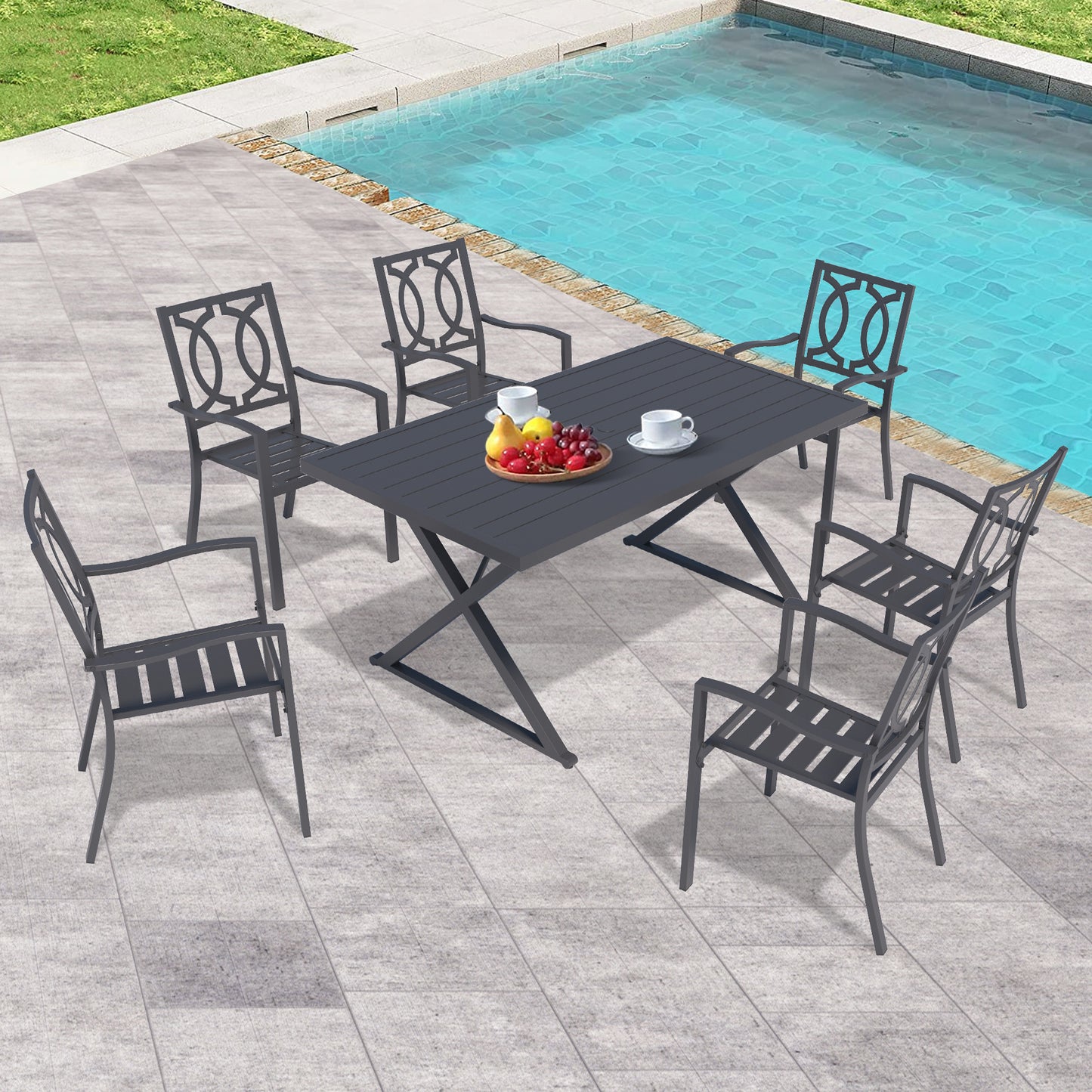 Outdoor Patio Dining Arm Chairs Steel Slat Seat Stacking Garden Chair (Set of 2)