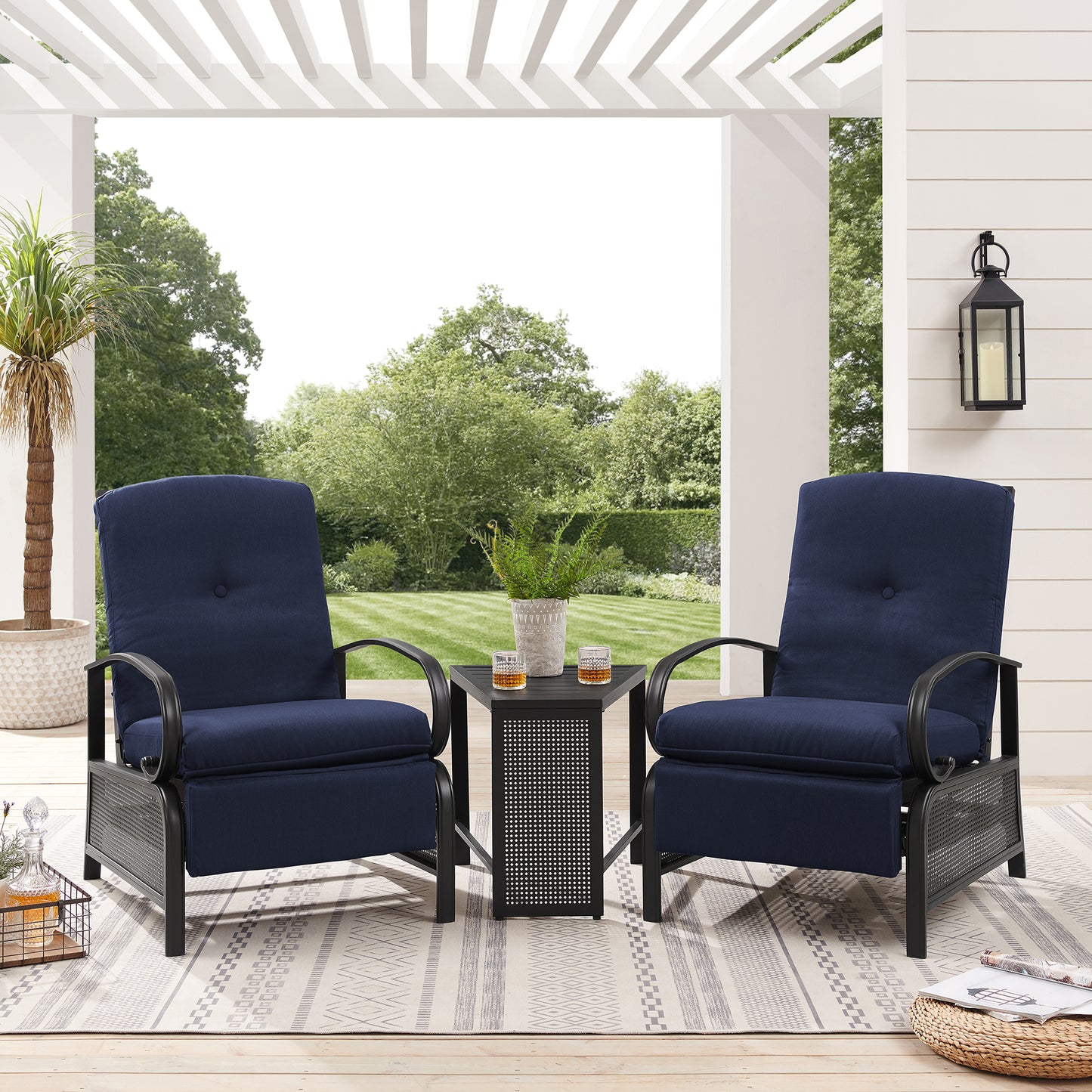 Outdoor/Indoor 2-Person Conversation set Seating Group with Recliner Chairs and Metal End Table