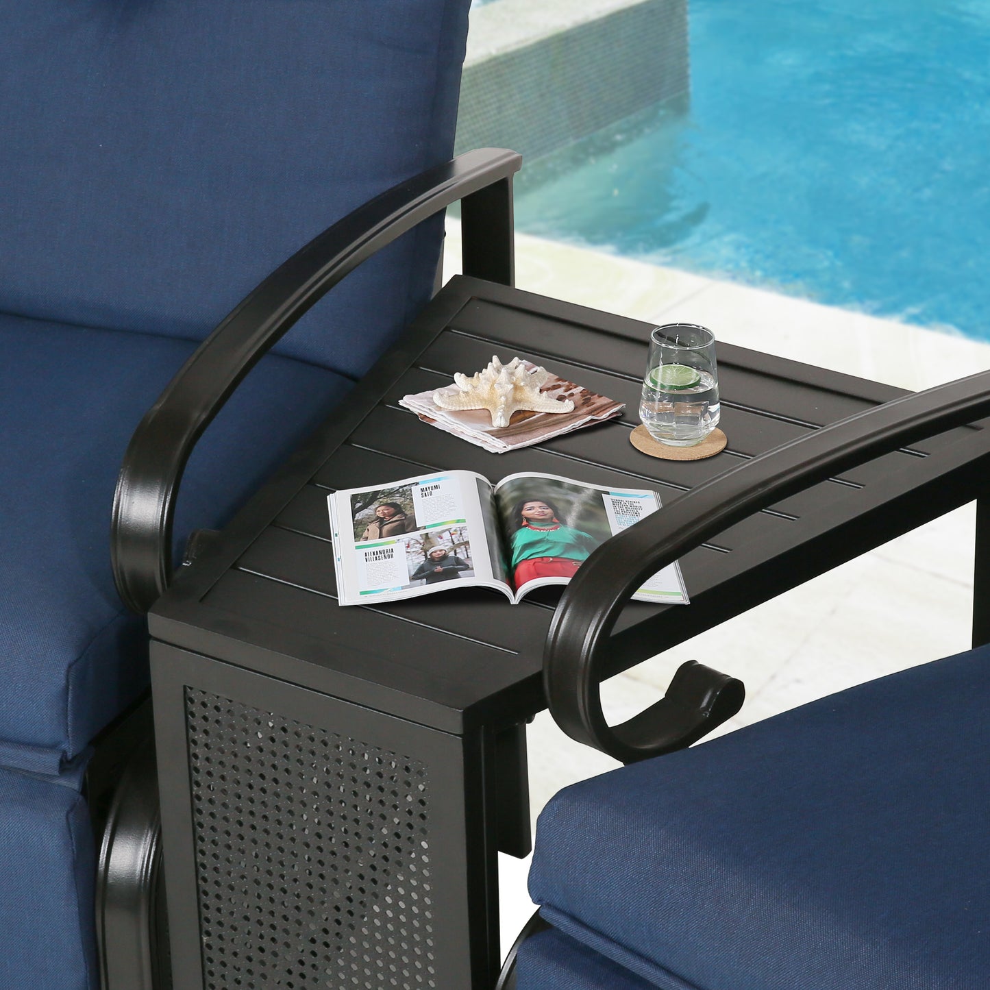 Outdoor/Indoor 2-Person Conversation set Seating Group with Recliner Chairs and Metal End Table