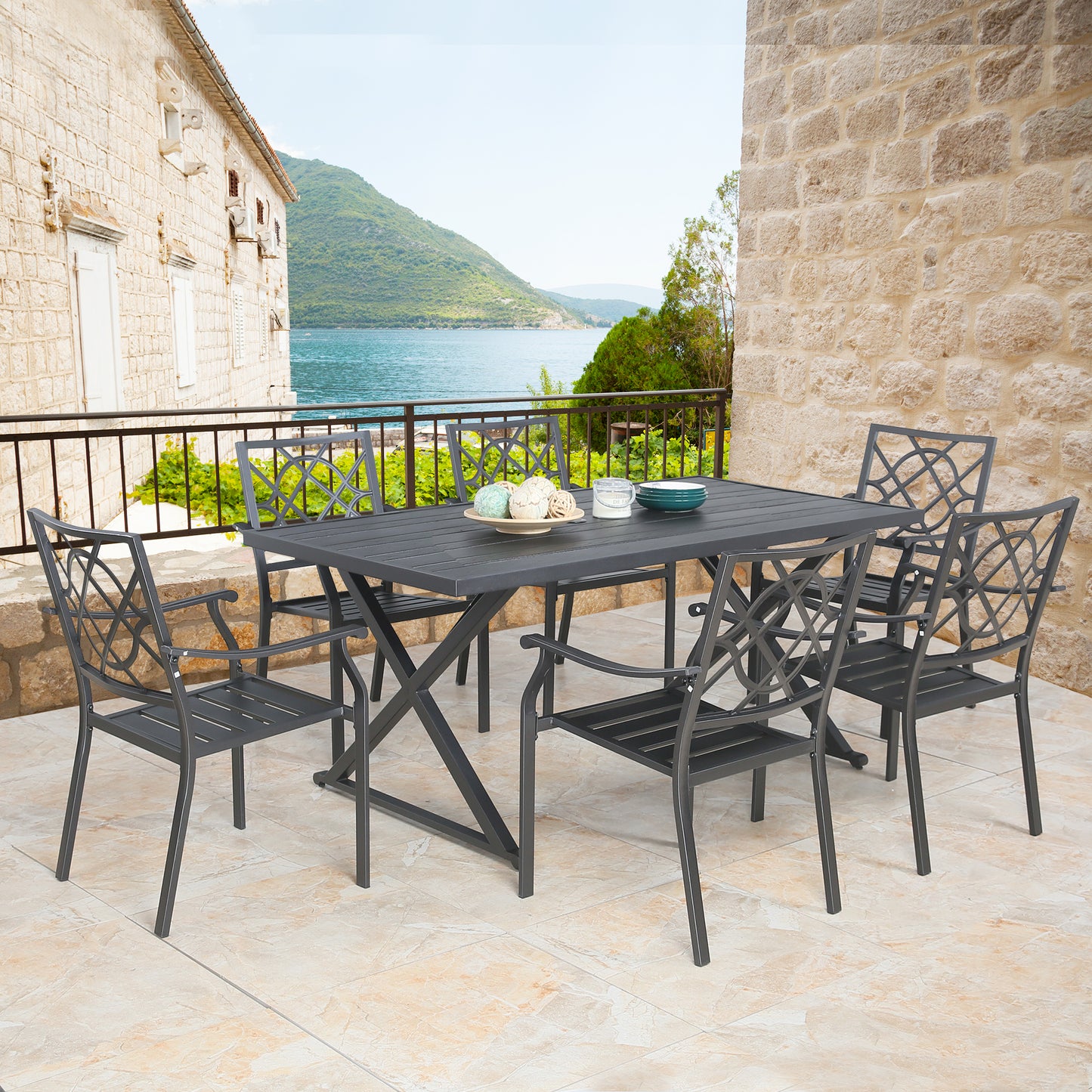 Rectangular 67.75"L Patio Metal Dining Table with Steel Slatted Wooden Textured Tabletop, Cross Legs and 1.57” Umbrella Hole for 6 Person