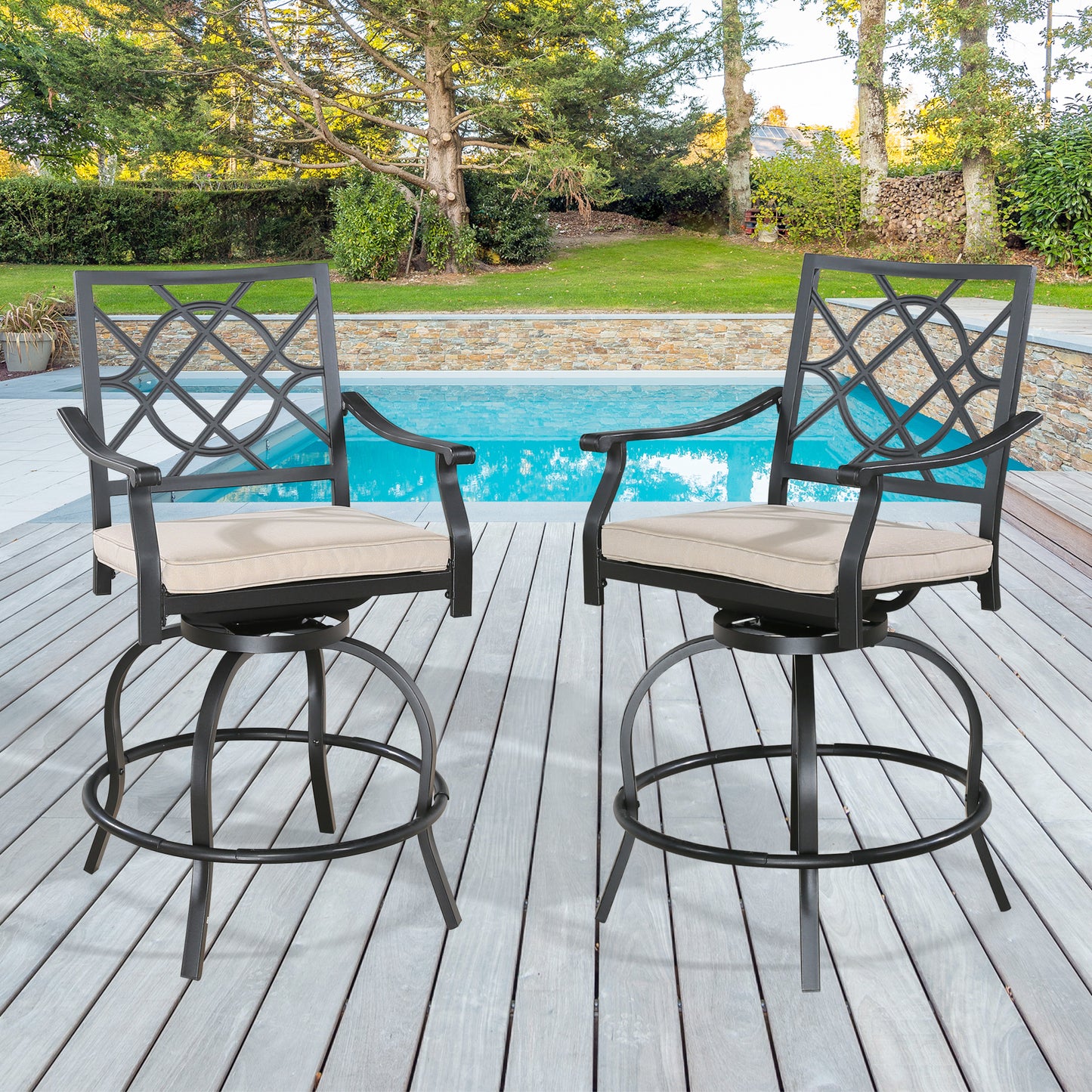 2 Pieces Patio Swivel Bar Stools Outdoor Metal Bar Height Bistro Chairs with Beige Seat Cushions