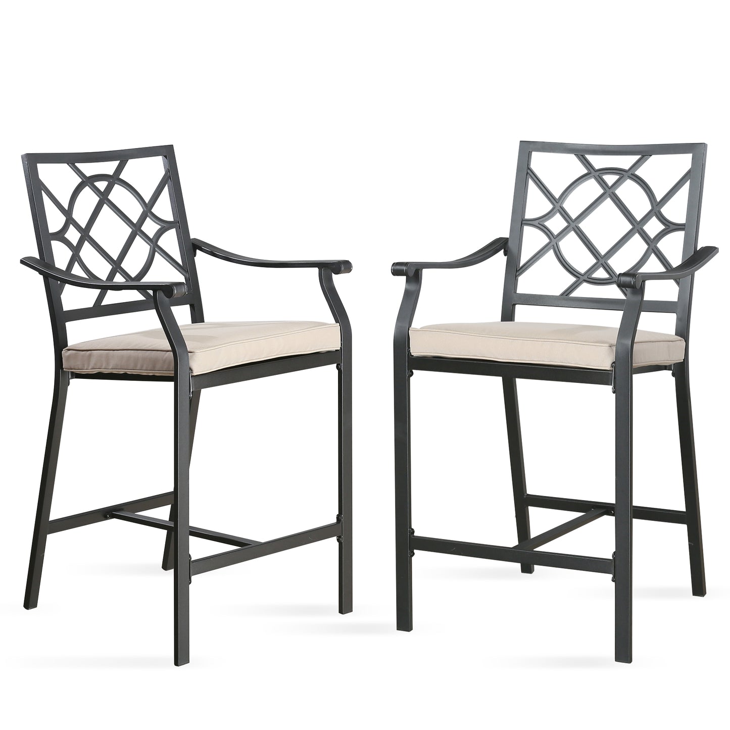 Patio Metal Steel Bar Stools Outdoor Set of 2 Bar Height Bistro Chairs with Beige Seat Cushions