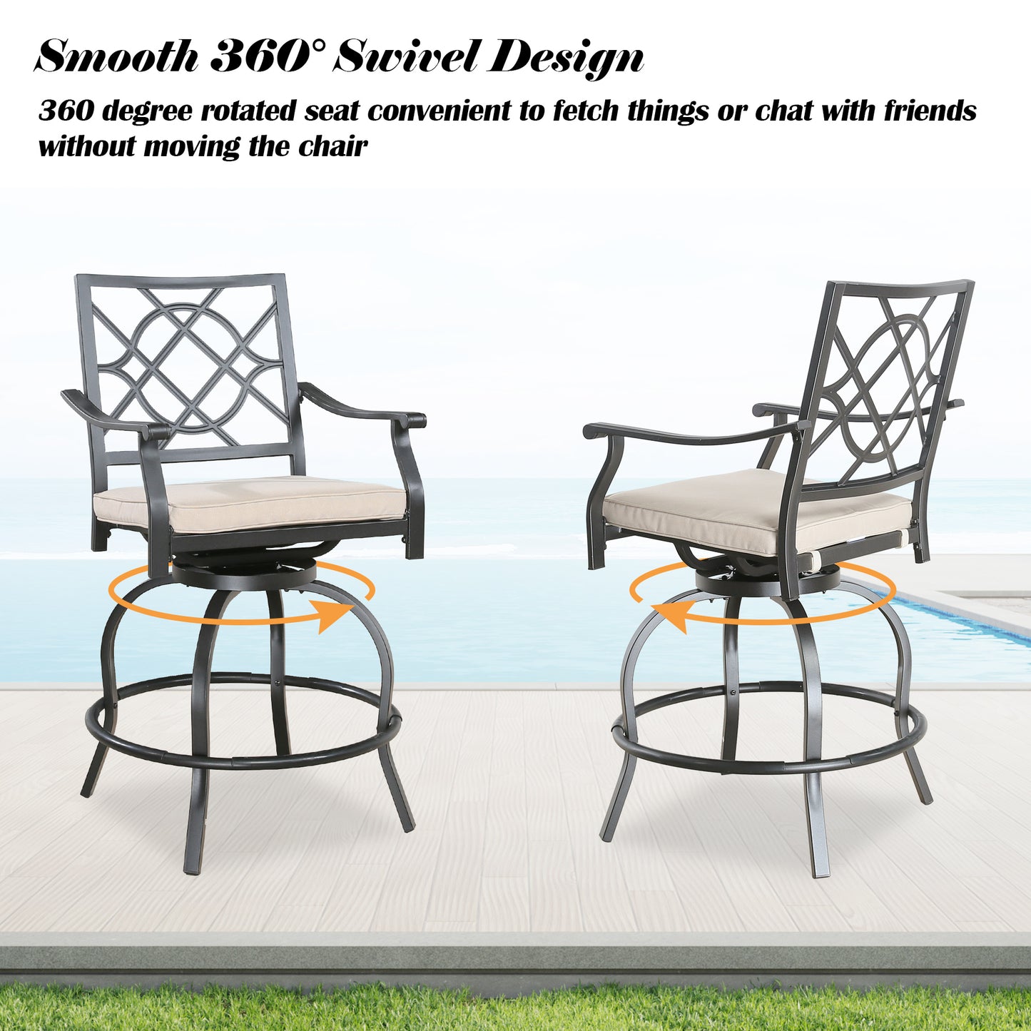 Outdoor 3 Pieces Patio Bar Set with Square Steel Table, Swivel Height Bar Stools and Beige Seat Cushions