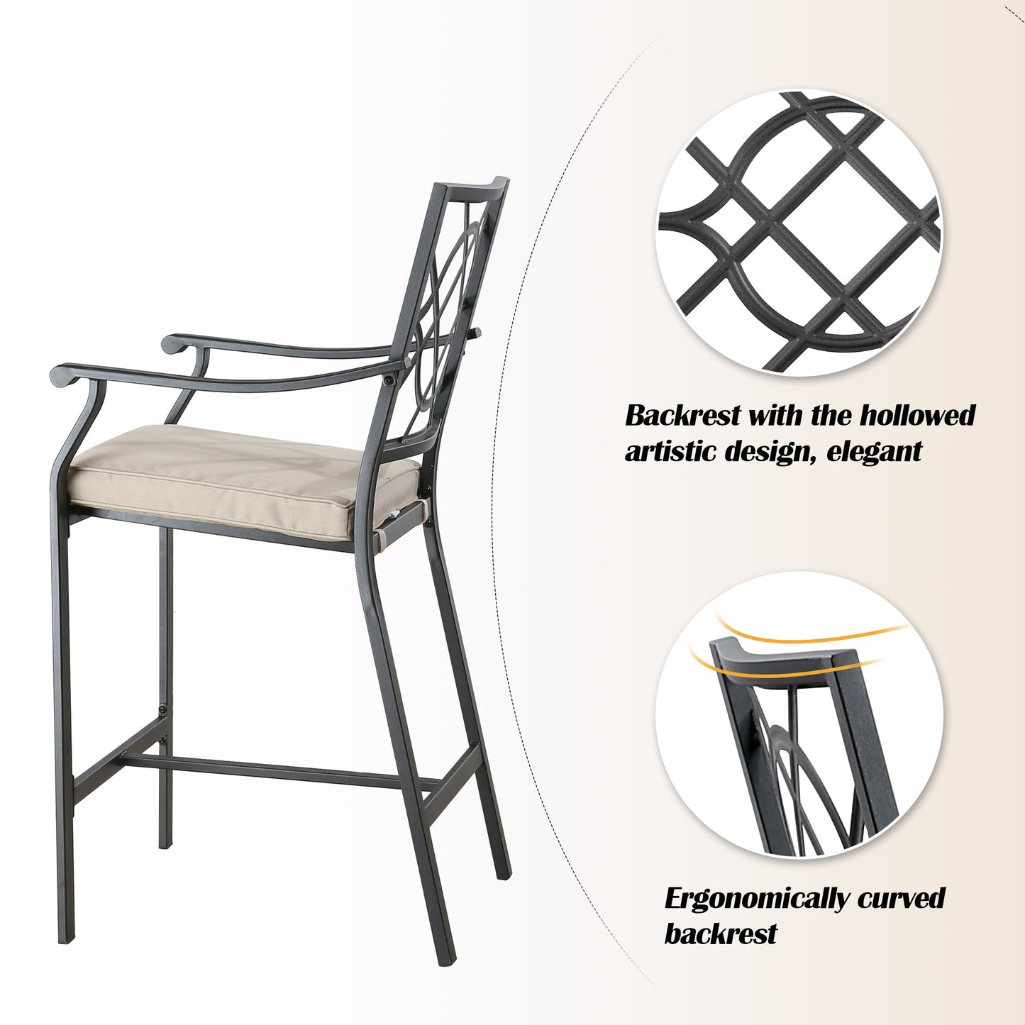Outdoor 5 Pieces Patio Bar Height Dining Set with Square Steel Table and Bar Stools with Beige Seat Cushions