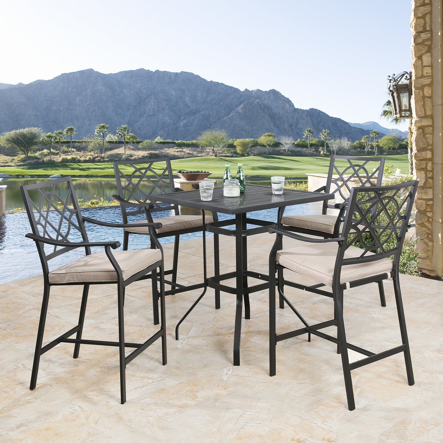 Outdoor 5 Pieces Patio Bar Height Dining Set with Square Steel Table and Bar Stools with Beige Seat Cushions