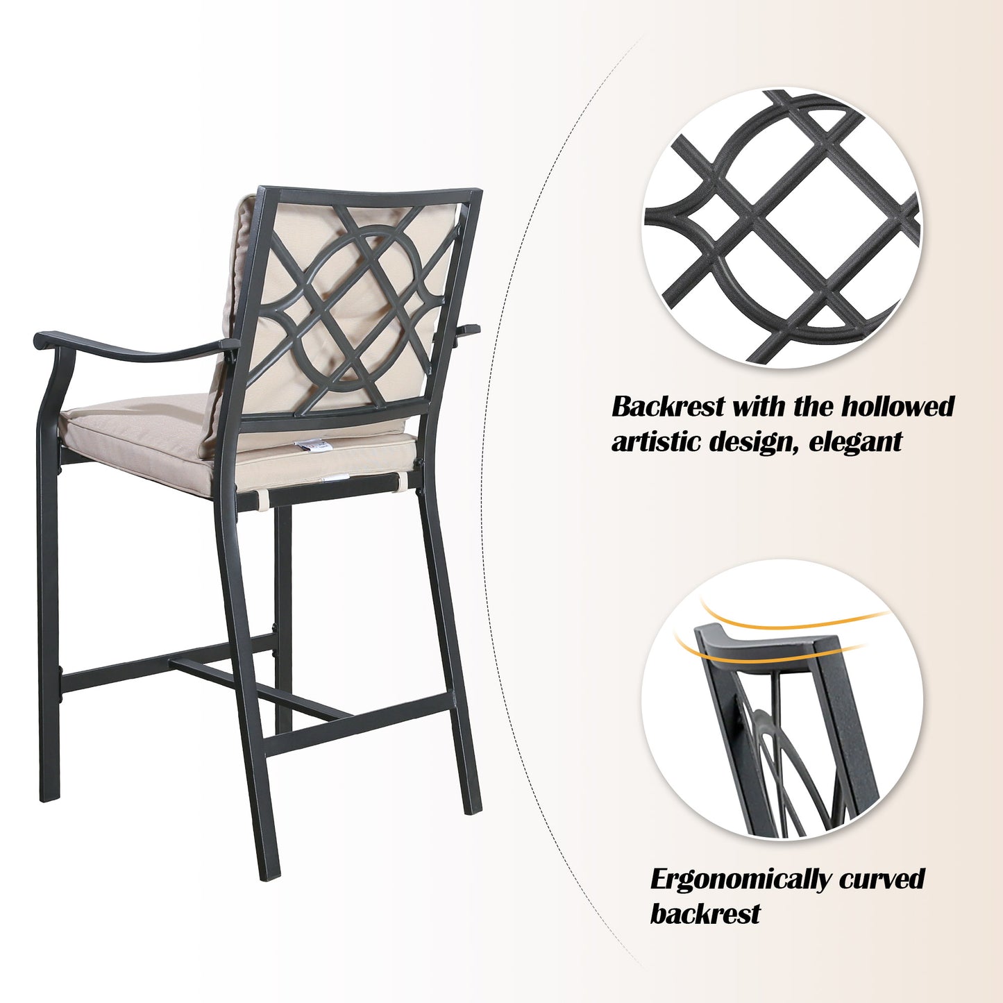 Outdoor 5 Pieces Patio Bar Height Dining Set with Square Steel Table and Bar Stools with Beige Seat and Back Cushions