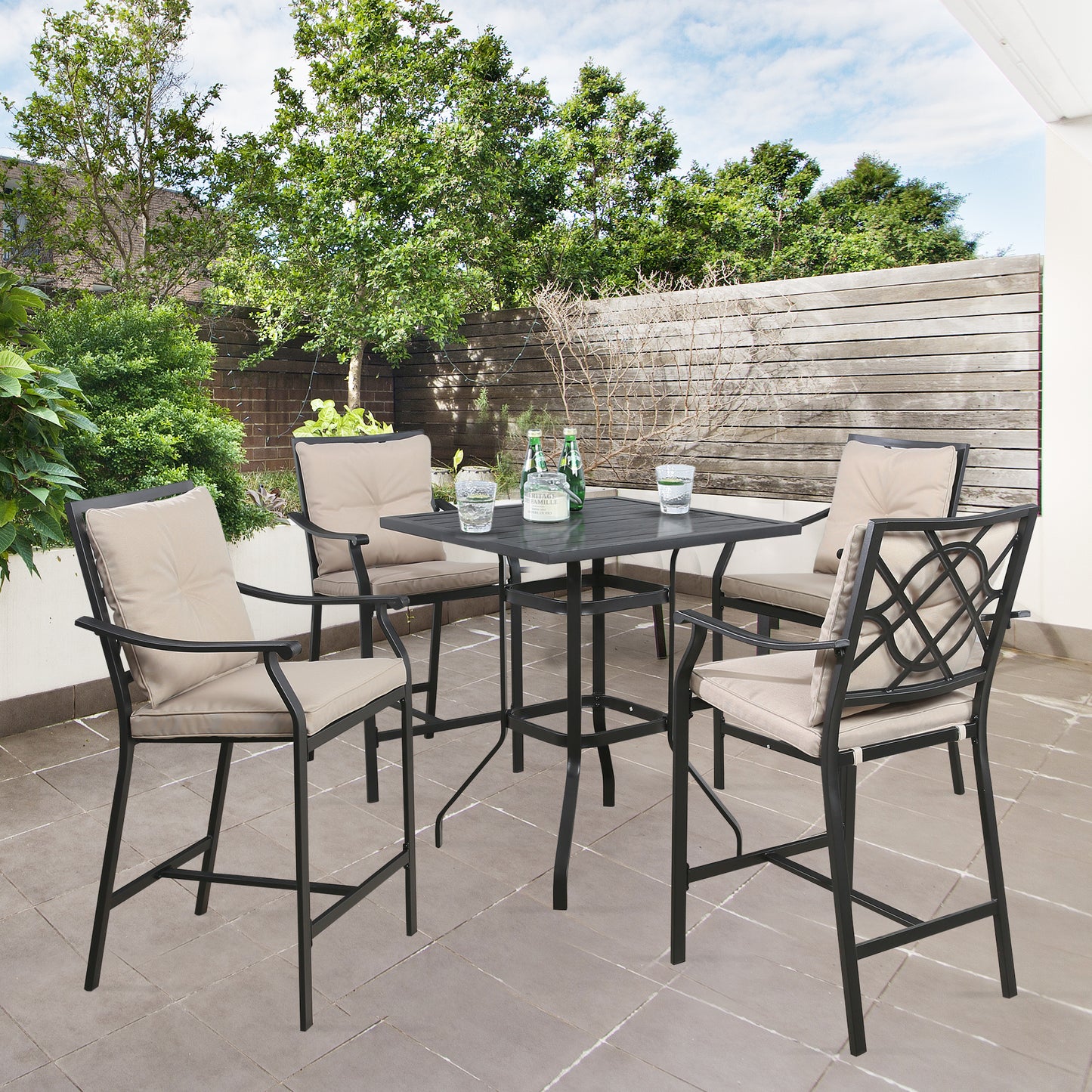 Outdoor 5 Pieces Patio Bar Height Dining Set with Square Steel Table and Bar Stools with Beige Seat and Back Cushions