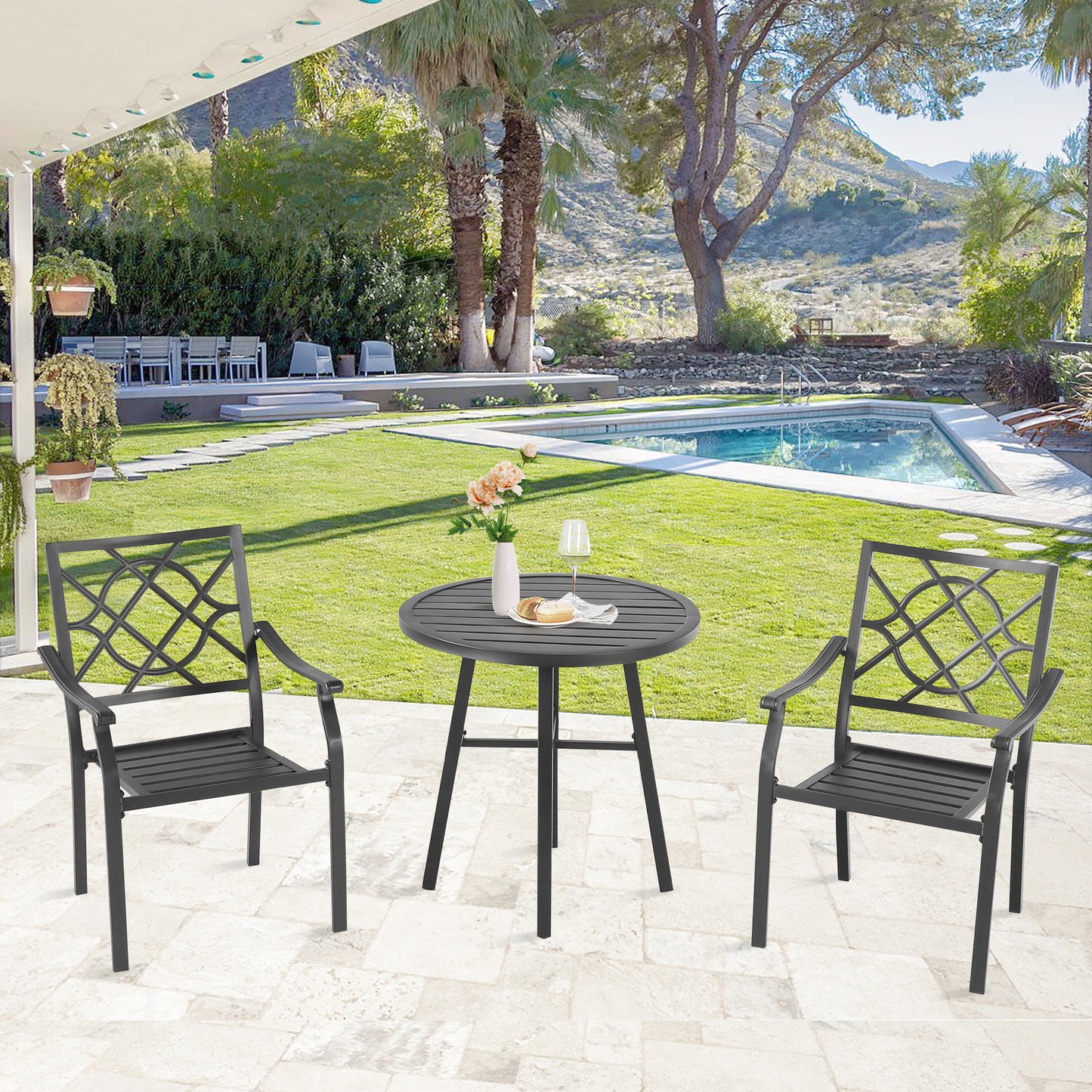 Patio Outdoor Round Metal Dining Table Indoor Retro Bistro Side Table, Conversation Table, Black