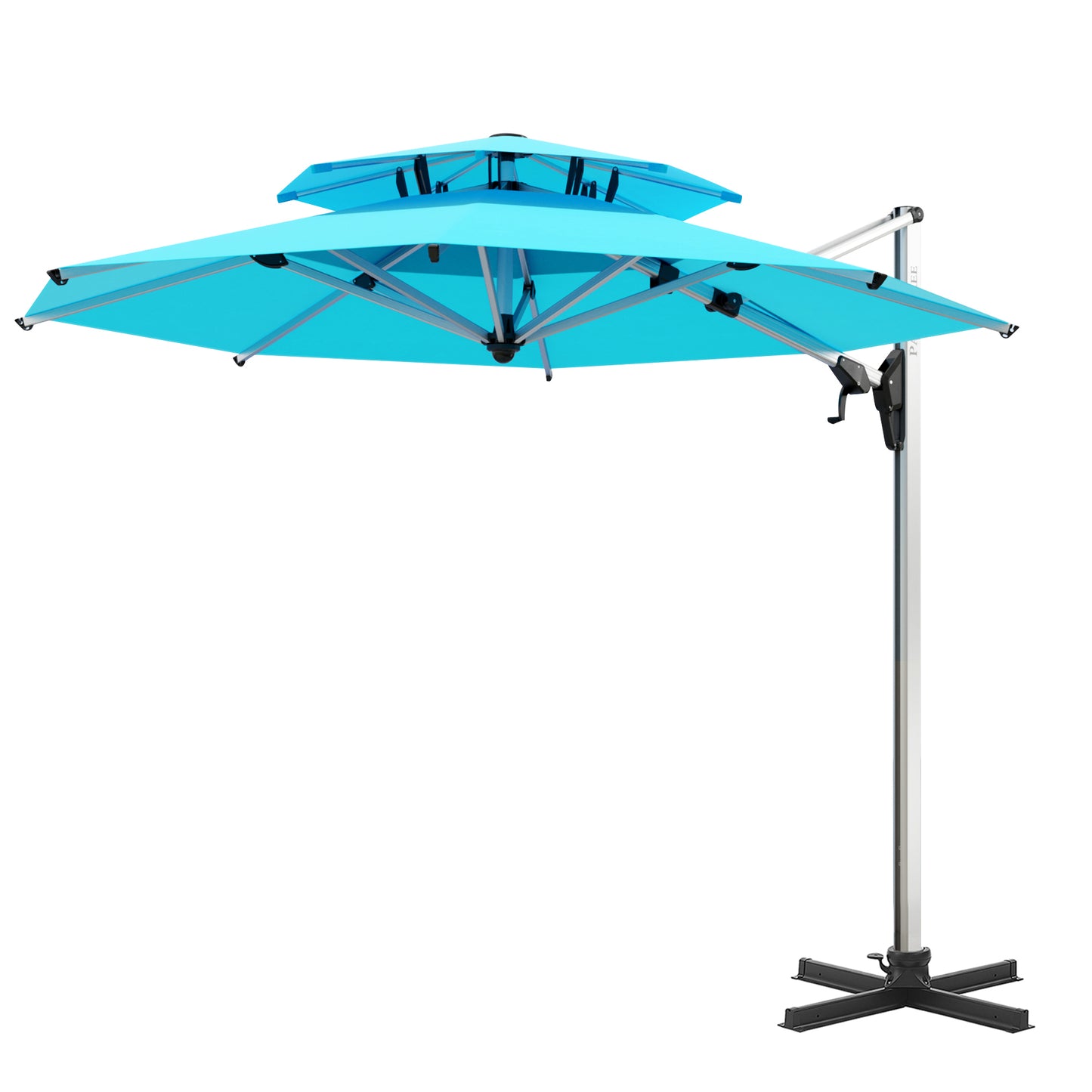 MILANO 11ft Patio 2 Tiers Vented Octagonal Anodized Aluminium Cantilever Umbrella 360 Degree Rotation Offset Hanging Umbrella Outdoor Market Umbrella, 8 Ribs, Infinite Tilt, Blue