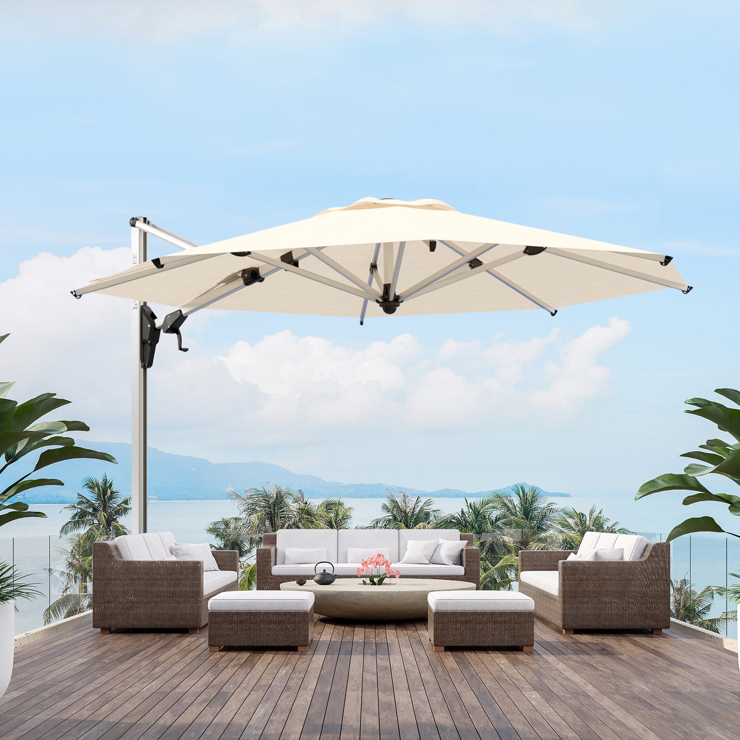 BELIZE 11ft Patio Octagonal Anodized Aluminium Cantilever Umbrella 360 Degree Rotation Offset Hanging Umbrella Outdoor Market Umbrella, 8 Ribs, Infinite Tilt, Beige