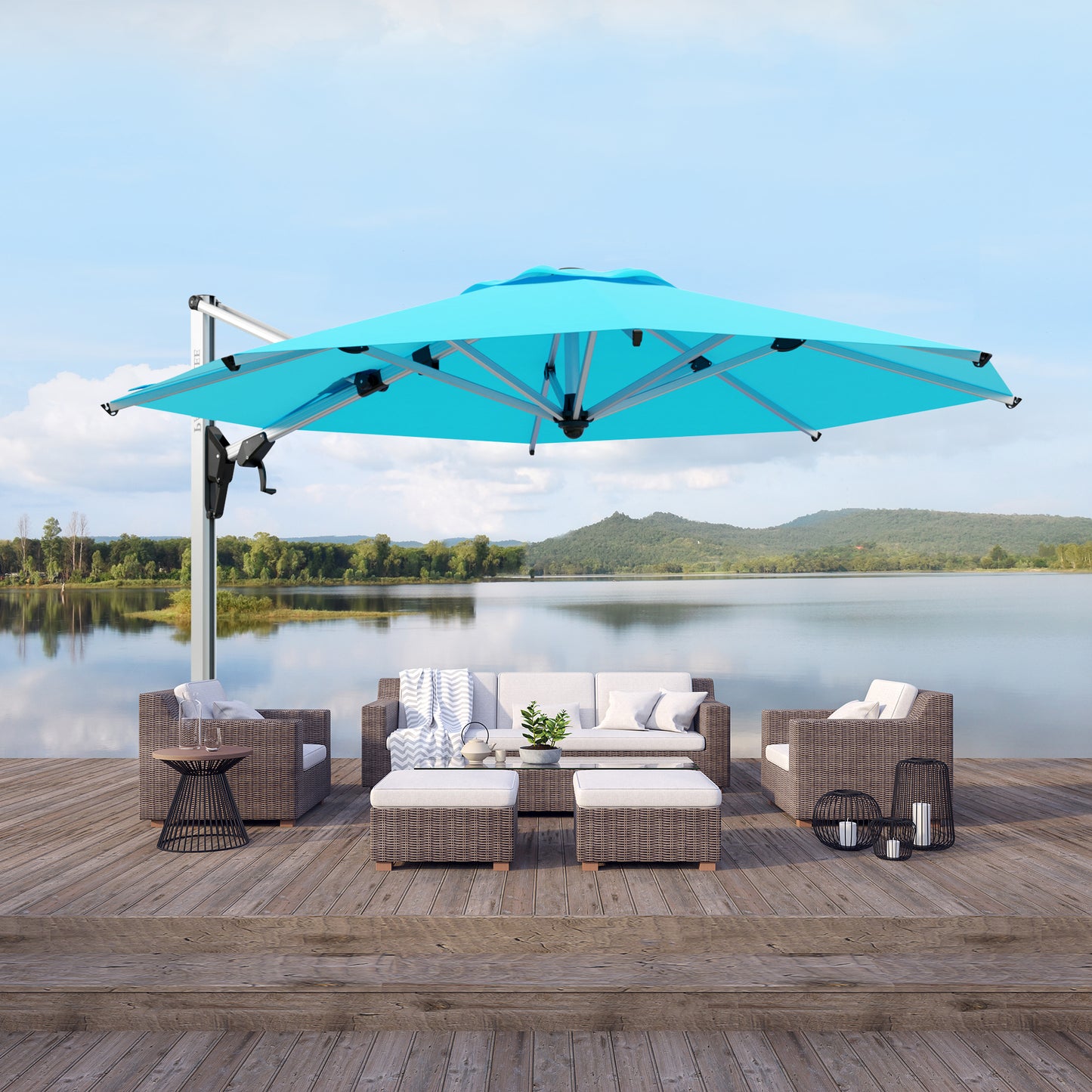 BELIZE 12ft Patio Octagonal Anodized Aluminium Cantilever Umbrella 360 Degree Rotation Offset Hanging Umbrella Outdoor Market Umbrella, 8 Ribs, Infinite Tilt, Blue