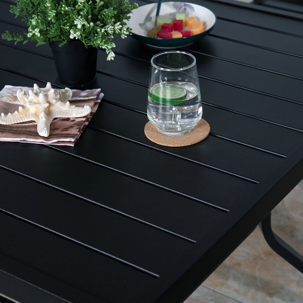 Outdoor Patio Rectangular Slatted Dining Table with Umbrella Hole, Classic Black