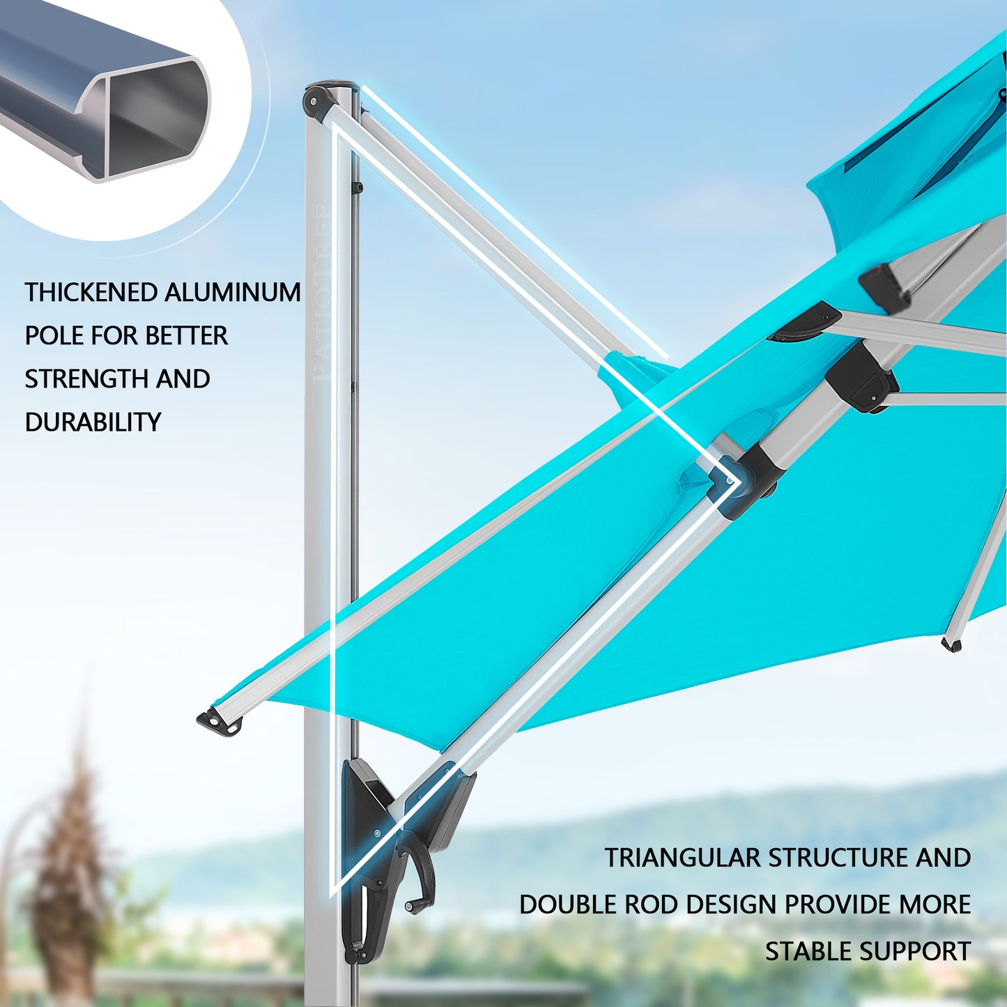 MILANO 11ft Patio 2 Tiers Vented Octagonal Anodized Aluminium Cantilever Umbrella 360 Degree Rotation Offset Hanging Umbrella Outdoor Market Umbrella, 8 Ribs, Infinite Tilt, Blue