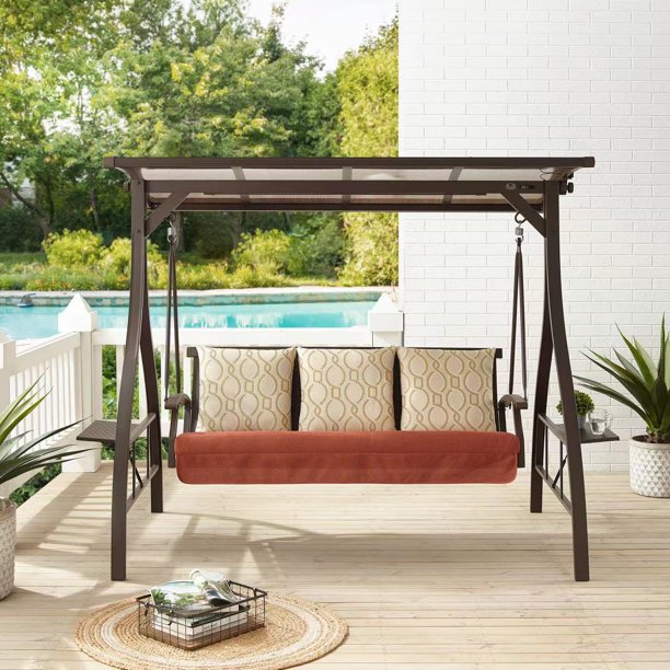 3 Person Outdoor Porch Swing Patio Hammock Swing Glider Bench with Convertible Canopy, Solar Light and Sunbrella Pillows