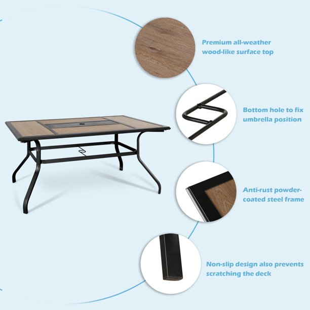 7 Pieces Patio Dining Sets, 6 Steel Chairs and Rectangular Wooden Like Top Garden Table with Umbrella Hole