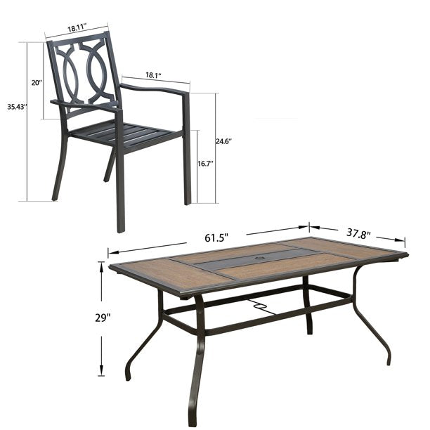 7 Pieces Patio Dining Sets, 6 Steel Chairs and Rectangular Wooden Like Top Garden Table with Umbrella Hole