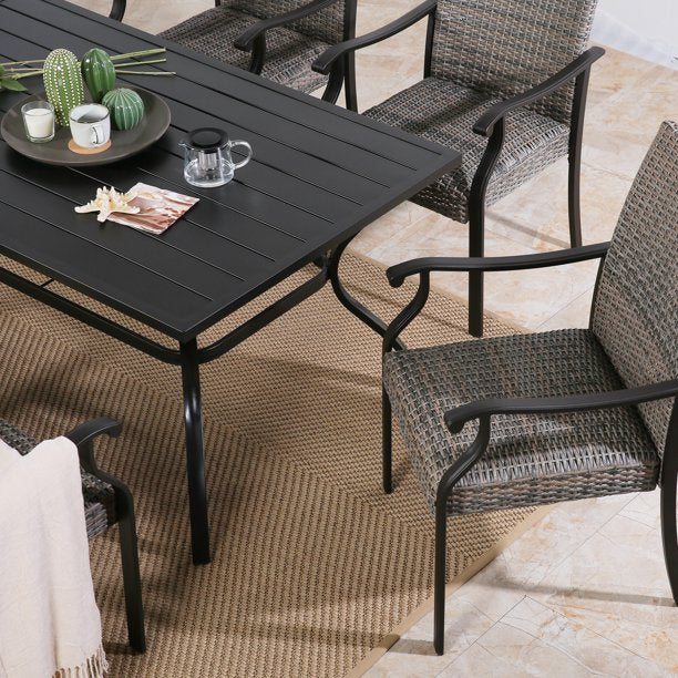 Outdoor Patio Rectangular Slatted Dining Table with Umbrella Hole, Classic Black