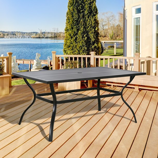 Outdoor Patio Rectangular Slatted Dining Table with Umbrella Hole, Classic Black