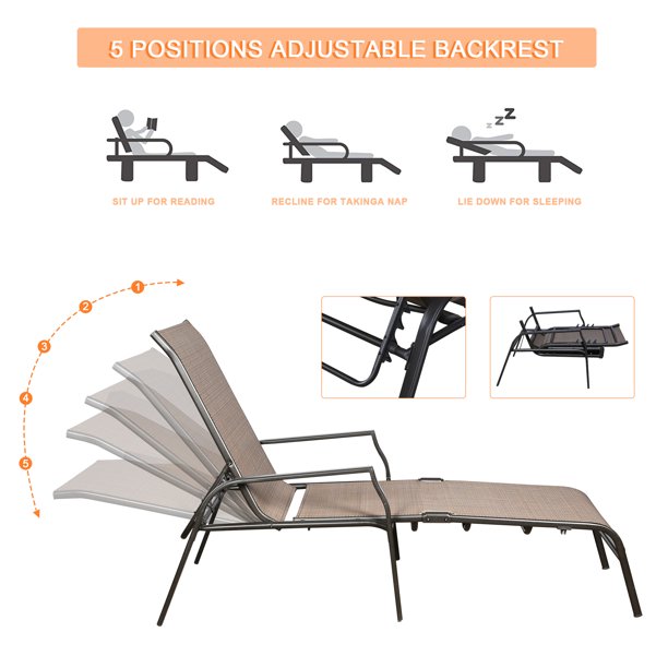 Patio Lounge Chair Chaise, Adjustable Backrest Ergonomic Shape with Durable Handwoven Rattan Steel Frame Garden Lawn Pool Recliner Outdoor Furniture Wicker Lounger