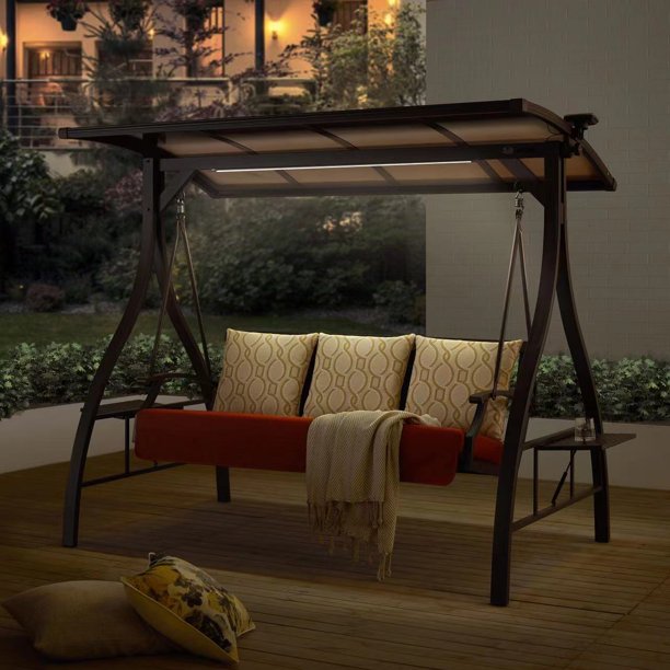 3 Person Outdoor Porch Swing Patio Hammock Swing Glider Bench with Convertible Canopy, Solar Light and Sunbrella Pillows