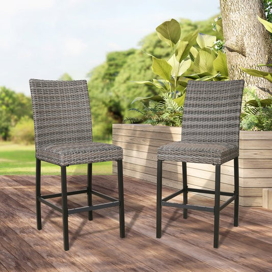 Patio Wicker Bar stools Outdoor Heavy-Duty Steel Frame Rattan Chairs with Quick Dry Foam Filling and Curved Backrest, Set of 2