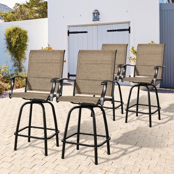4-Piece Padded Outdoor Swivel Bar Stools Textilene Patio Seating Height Bar Chairs with Quick Dry Foam and Armrest