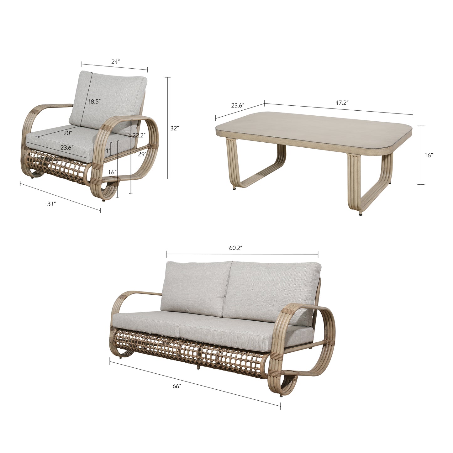 Arsterie 4 Pieces Aluminum Patio Loveseat Sets With Wicker Decoration