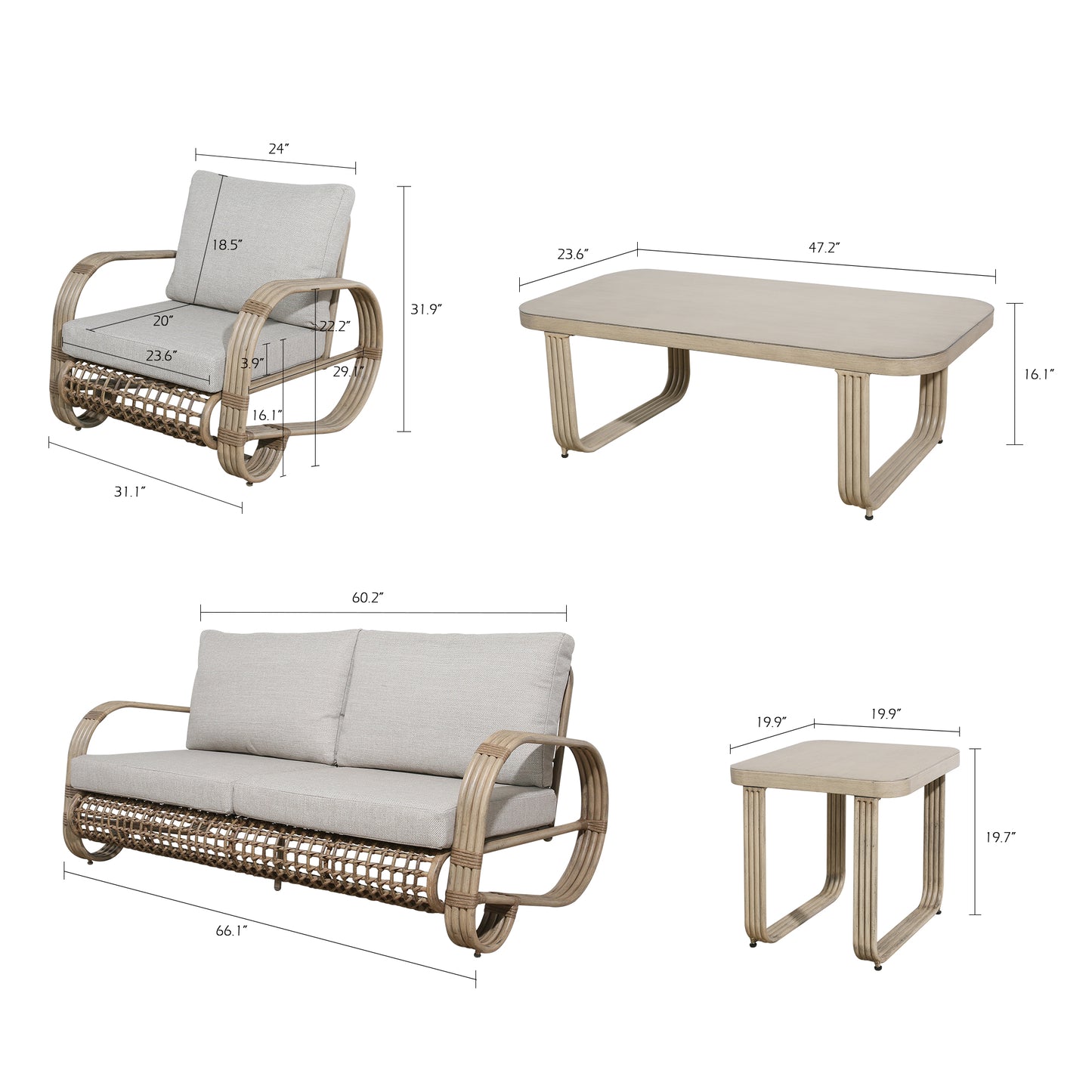 Arsterie 5 Pieces Aluminum Patio Loveseat Set With Wicker Decoration