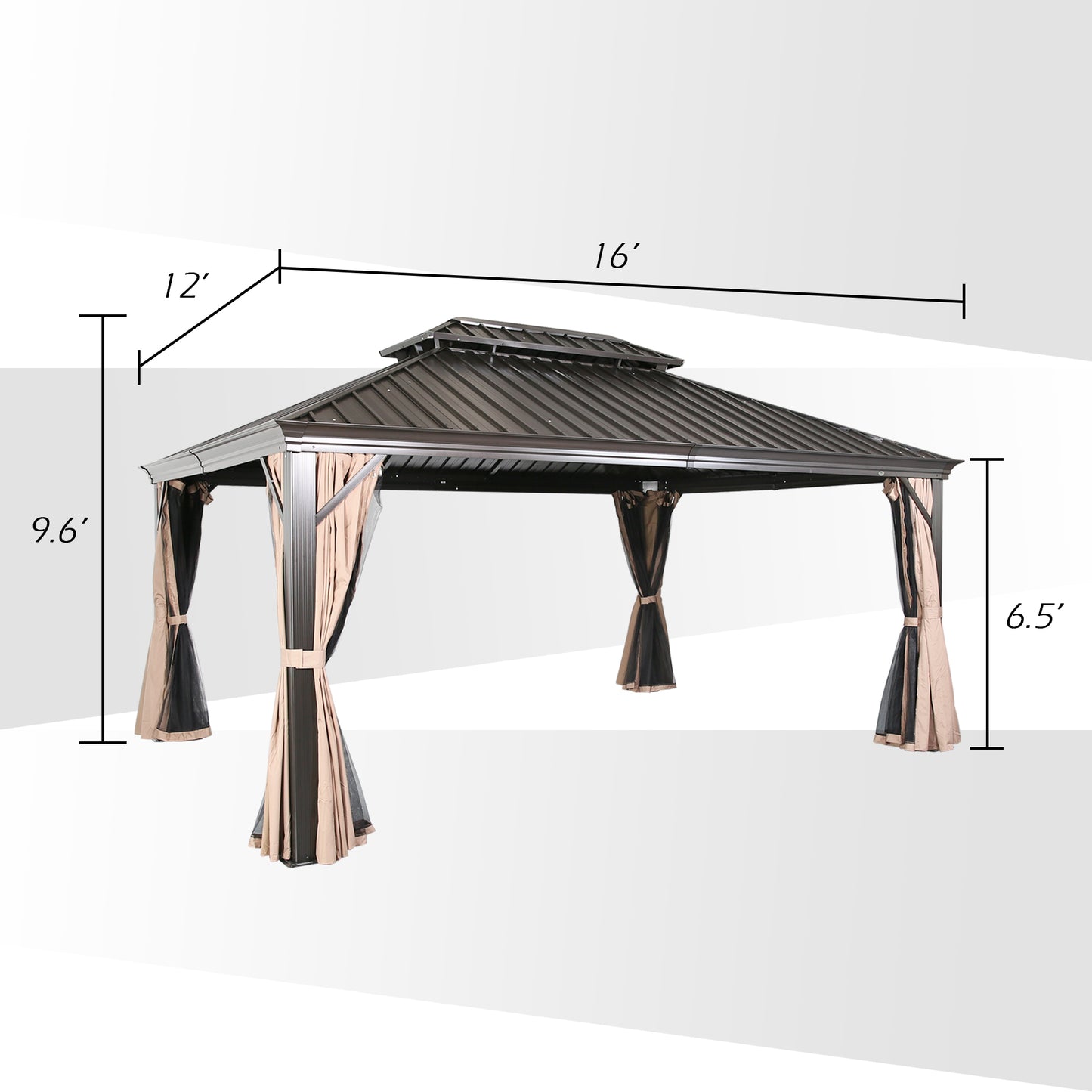 12Ft x 16Ft Patio Hardtop Gazebo Outdoor Aluminum Pergola with Galvanized Steel Roof Canopy, Polyester Curtain and Mosquito Net