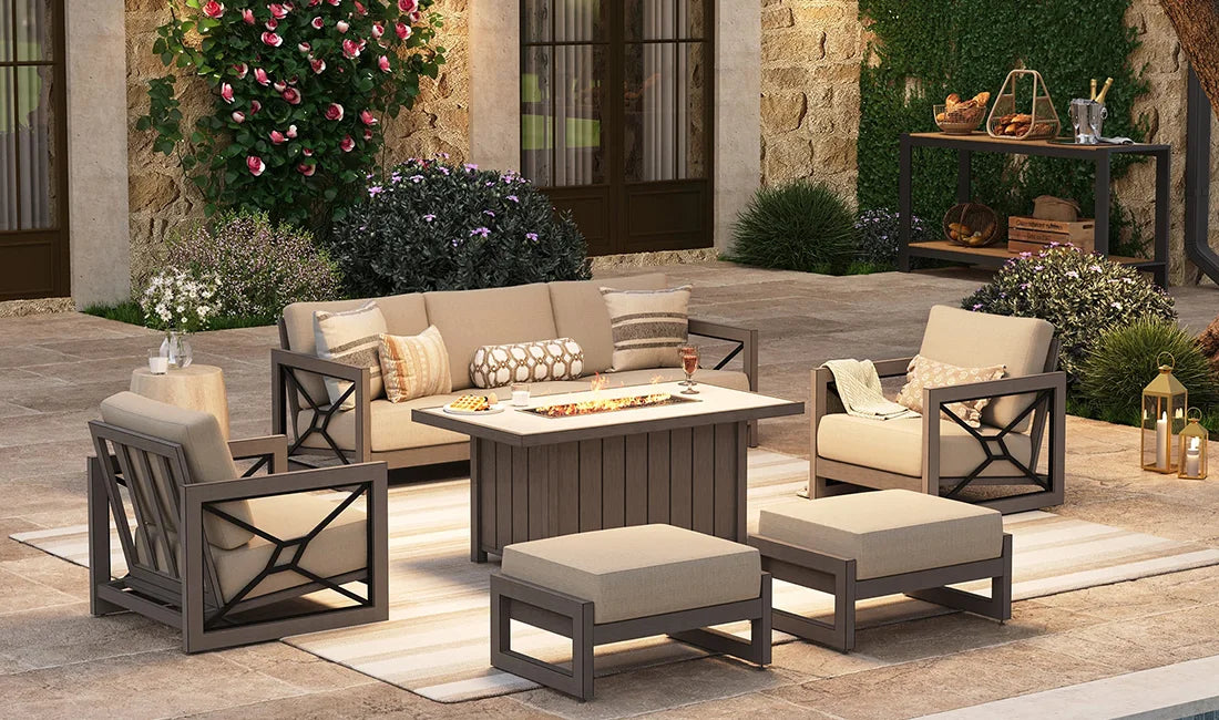 marindo luxury backyard entertainment seating with propane fire table