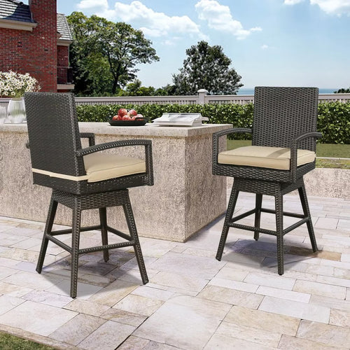 Outdoor Wicker Bar Stools Patio All-Weather Rattan Swivel Dining Chairs with Cushion, Brown