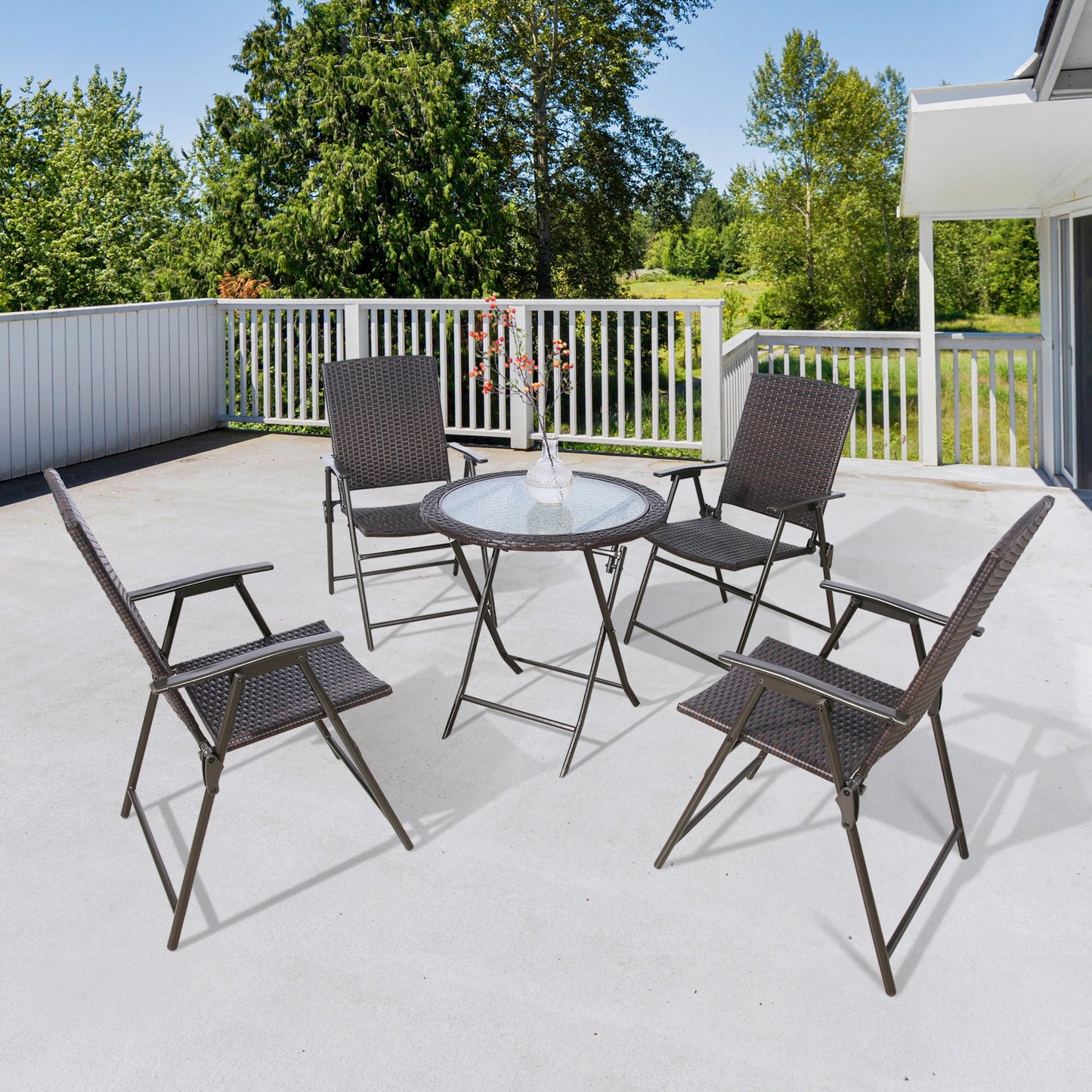 5 Pieces Wicker Folding Bistro Set, Balcony Table and Chairs Sets, Garden Backyard Furniture