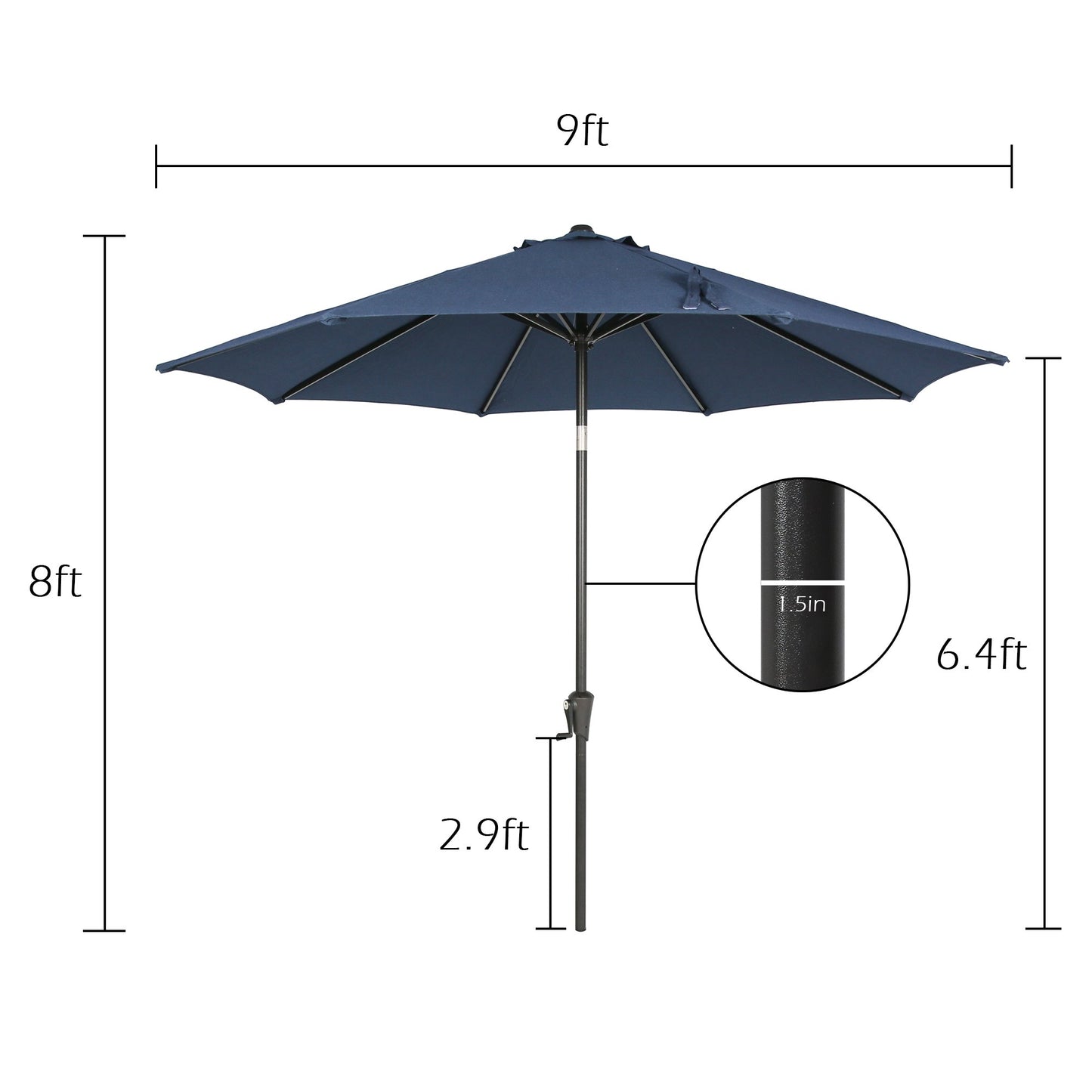 9 Ft Outdoor Tiltable Round Market Sunbrella Umbrella with Aluminum Pole and Crank, Canvas Navy(Stand Not Included)