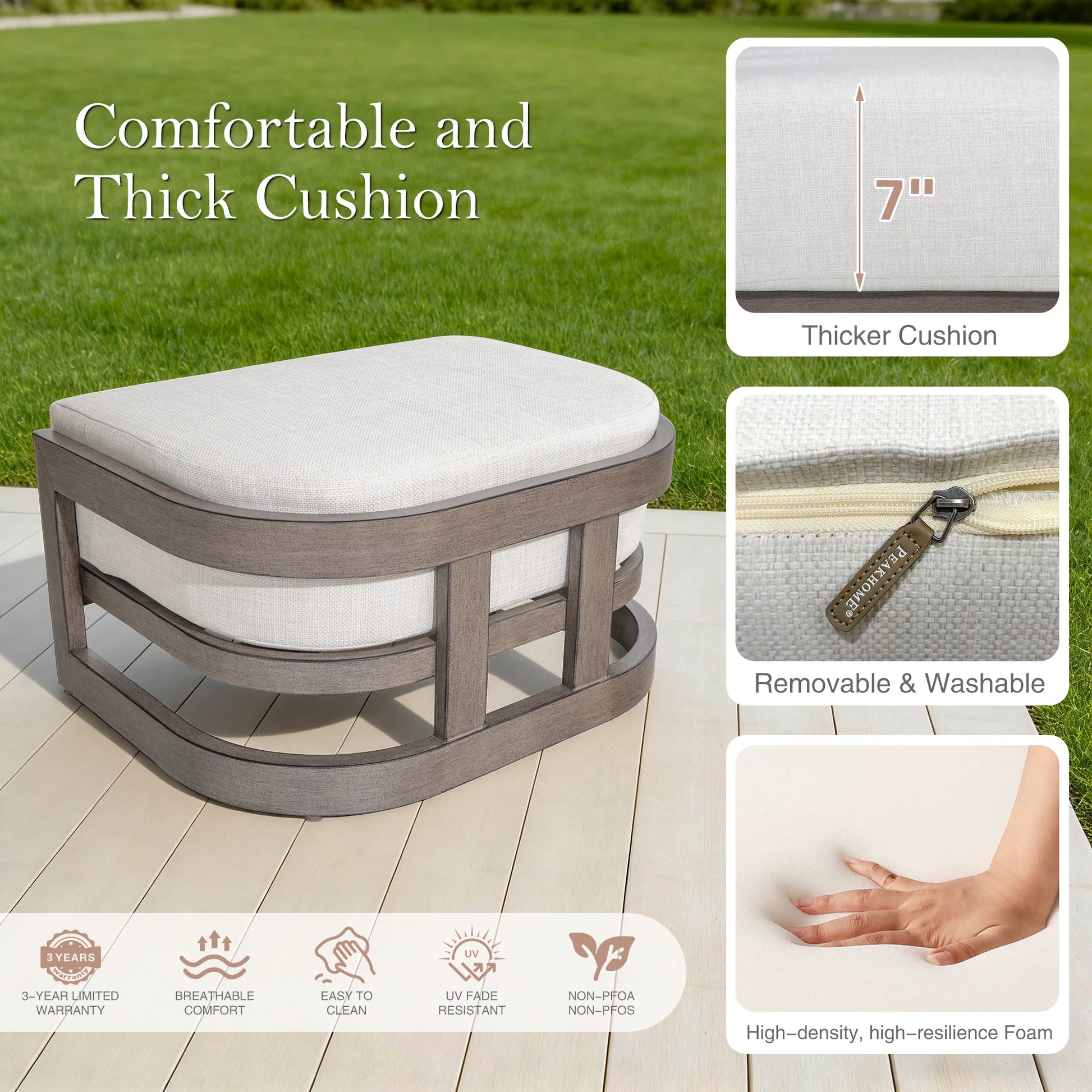 Wooden ottoman with a thick cushion on a wooden deck, surrounded by grass.